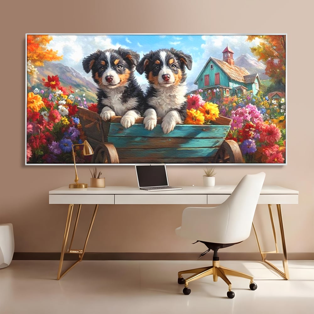 Tablou canvas cu doi catei australian shepherd in caruta cu flori, in rama de aluminiu argintiu, pe perete intr-un birou